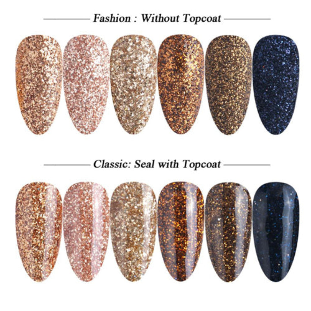Six nail tip swatches with examples of 5 different shades of gold glitter and one with blue glitter.  Top six matt without top coat and bottom six shiny with top coat