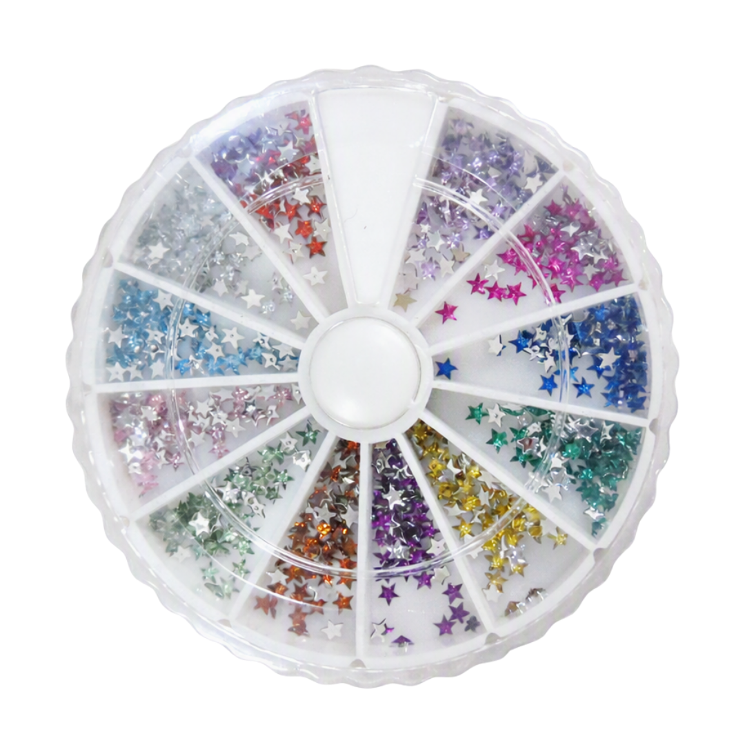 A circular plastic organizer wheel filled with many small star-shaped glitter pieces in assorted colors, shown on a plain white background.