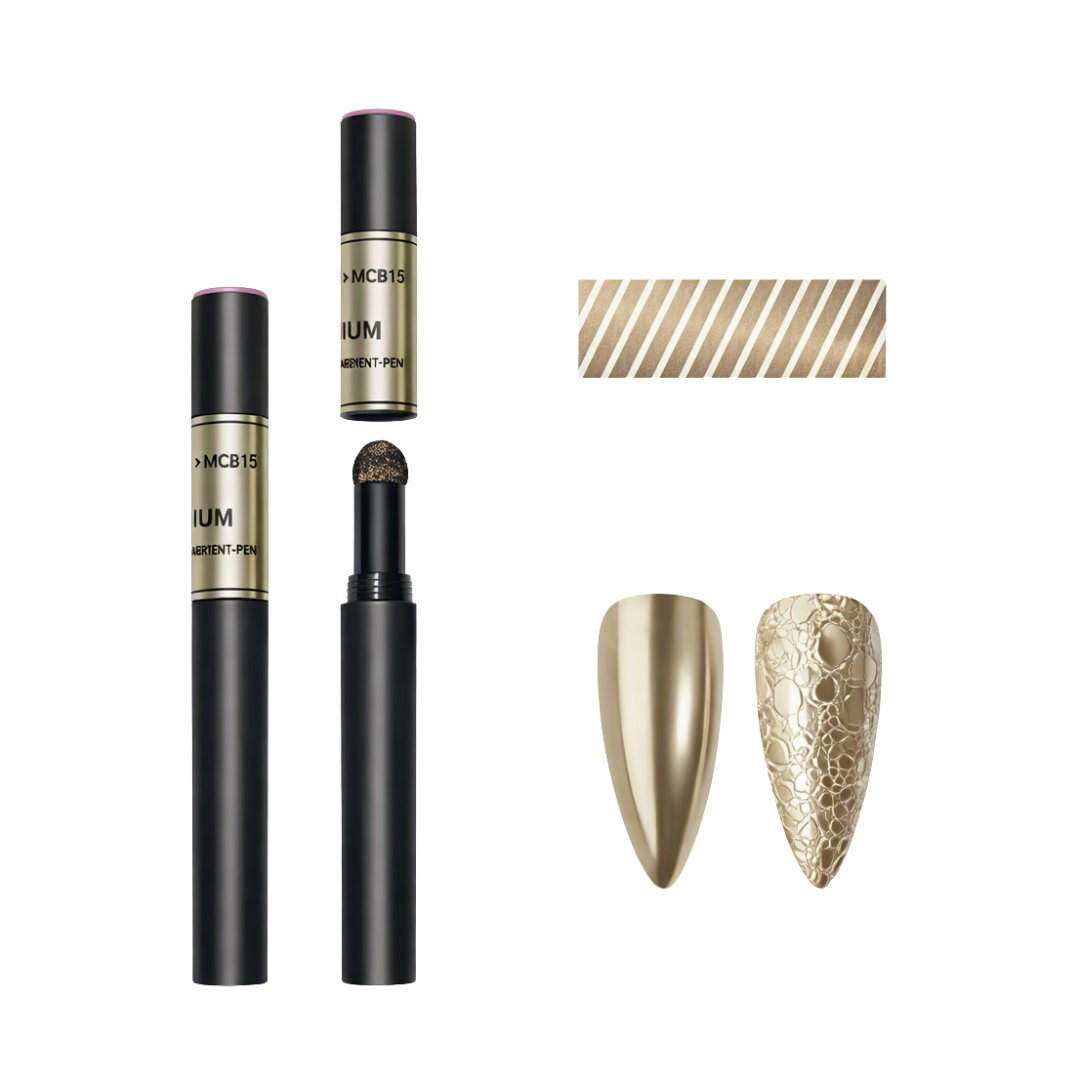 A nail chrome pen set shown on a white background, including two black-and-gold nail chrome pens, one open to reveal the sponge applicator, a gold striped swatch, and two sample nail tips in a metallic gold and snakeskin pattern.