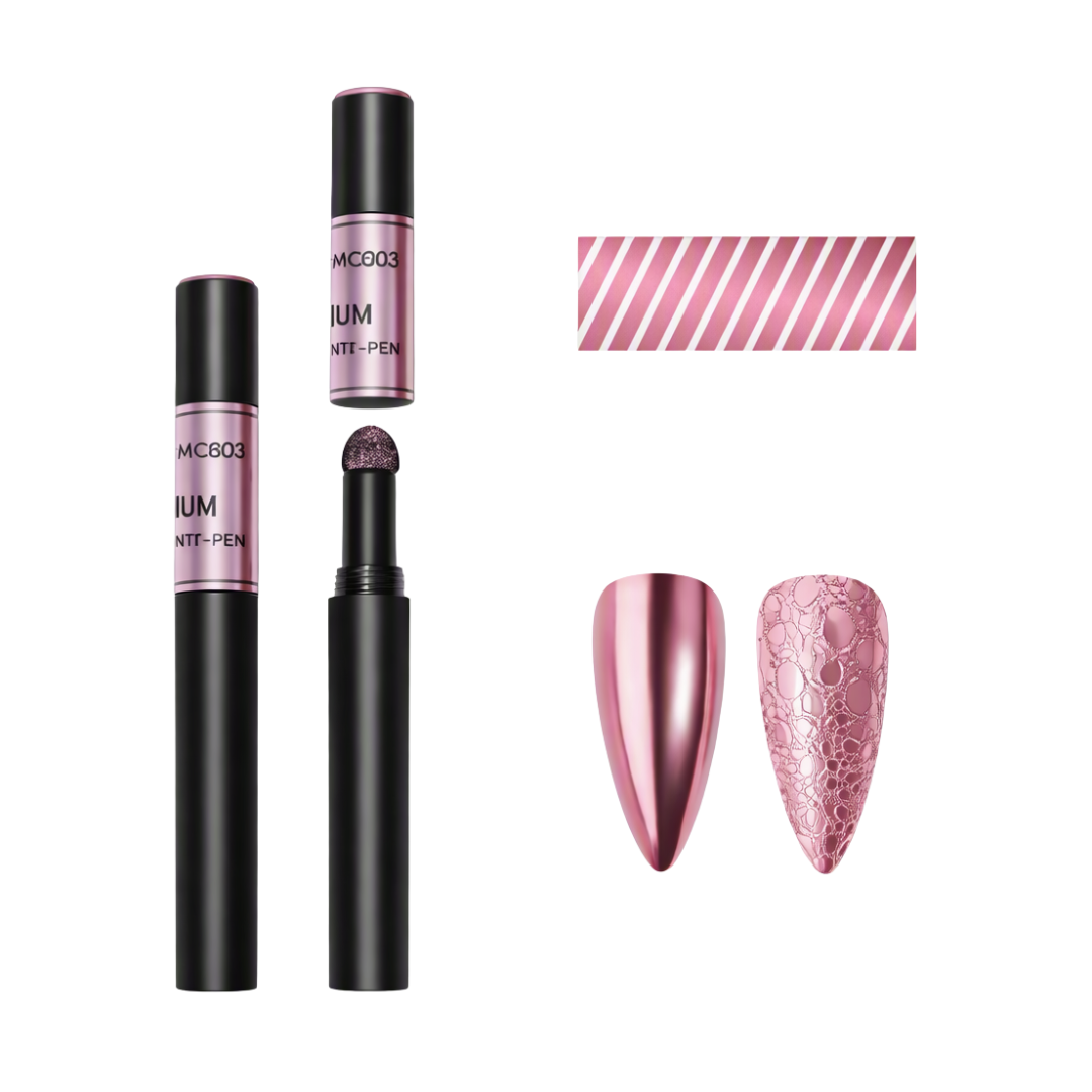 A set of nail chrome products on a white background, two black pens of MCGBO3 IUM NAIL-PEN, one uncapped showing a metallic pink chrome tip, a pink swatch with diagonal stripes, and two pink textured nail tips.