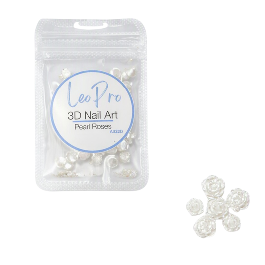 A clear plastic pouch containing small white pearl-like rose-shaped nail art beads, with a circular label reading 'LeoPro 3D Nail Art Pearl Roses'. Five loose rose-shaped beads are displayed to the right on a plain white background.