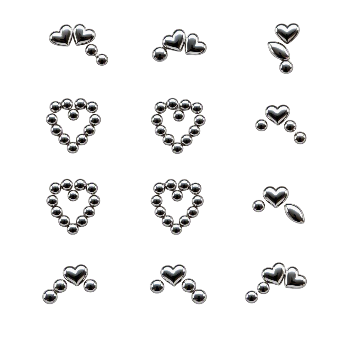 A 4x3 grid of small metallic heart-shaped nail art designs on a plain white background. Each set consists of shiny silver-toned hearts, oval beads, and small round dots.