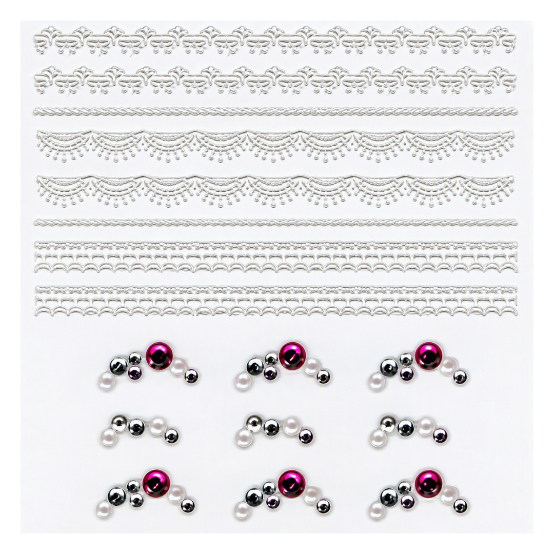 A sheet of decorative nail art embellishments on a white background, featuring multiple styles of silver lace and border trims along with six pearl bead clusters in white, silver, and magenta pink.