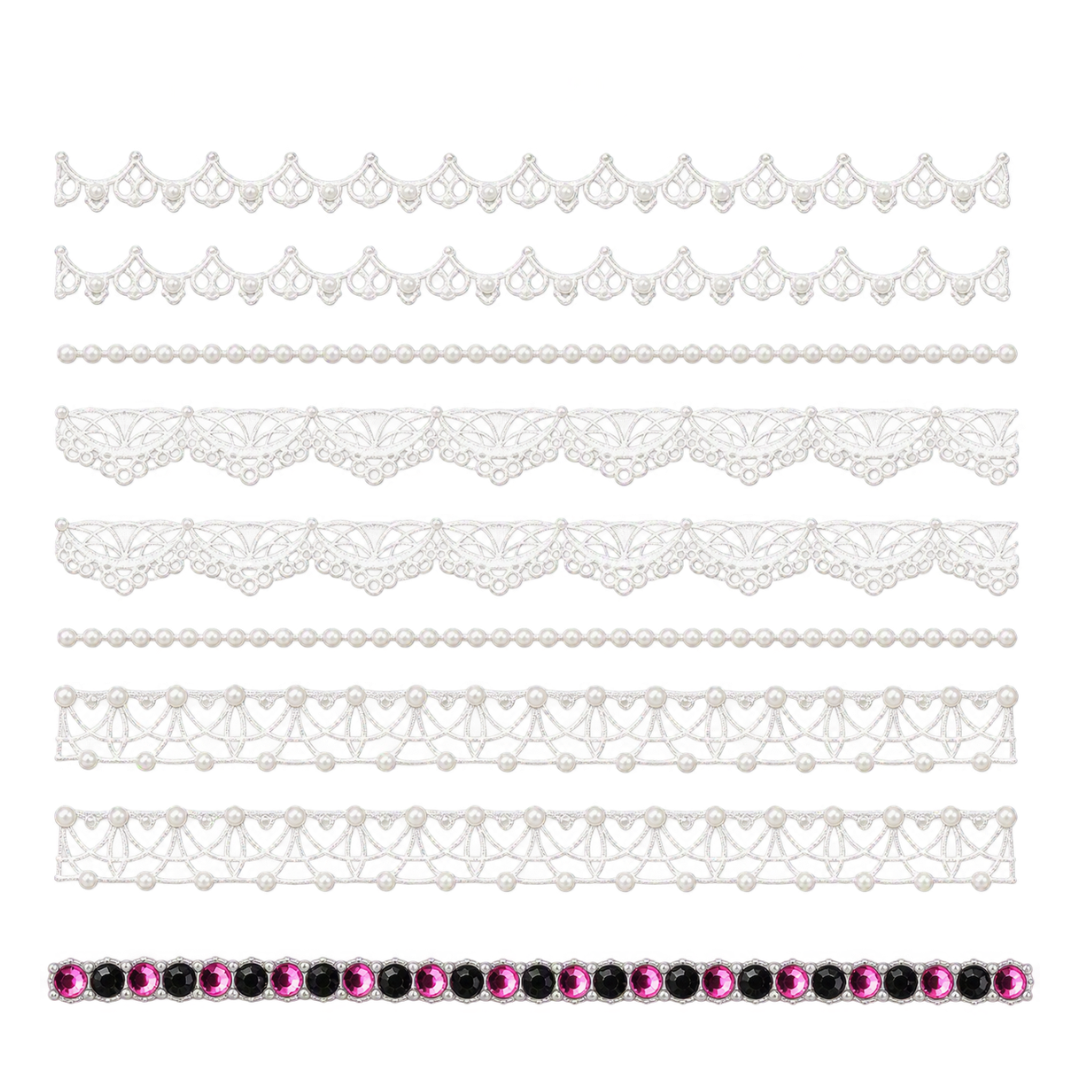 A set of decorative nail art lace and bead trim bands shown on a plain white background, including mostly white floral and pearl-style borders with one pink and black beaded strip at the bottom.