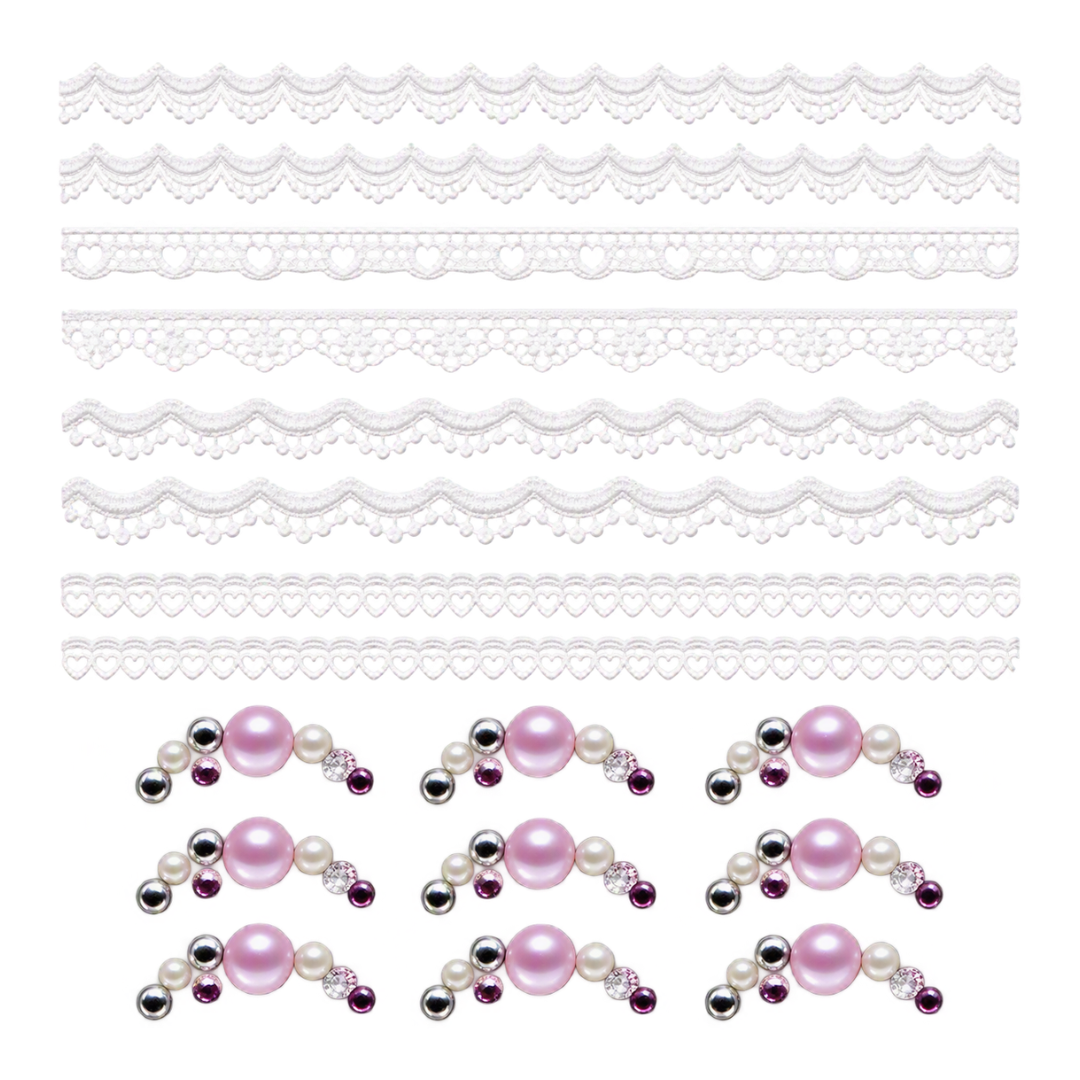 Nine decorative nail art lace and pearl trim strips shown on a plain white background, including several white scalloped lace bands and six pink-and-white pearl embellishments with small dark and purple accents.