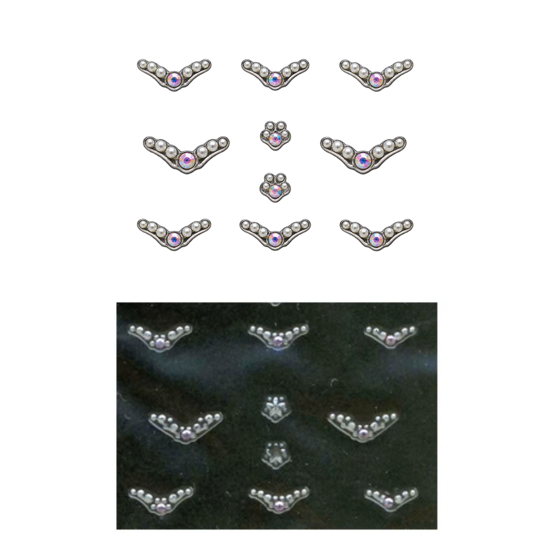 Nine silver-toned metal nail art with small white pearls and a central iridescent purple gem are shown on a white background, with a smaller inset photo below showing the clips arranged on a black surface.