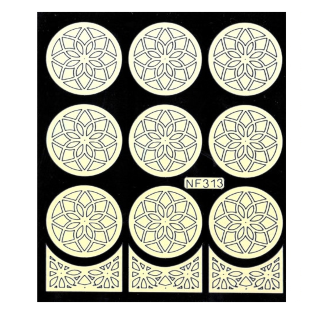 A sheet of nine circular and rectangular nail art template stickers with a repeating floral mandala pattern, shown on a black background. The decals are a pale cream color, and a small code 'NF313' is printed on the sheet.