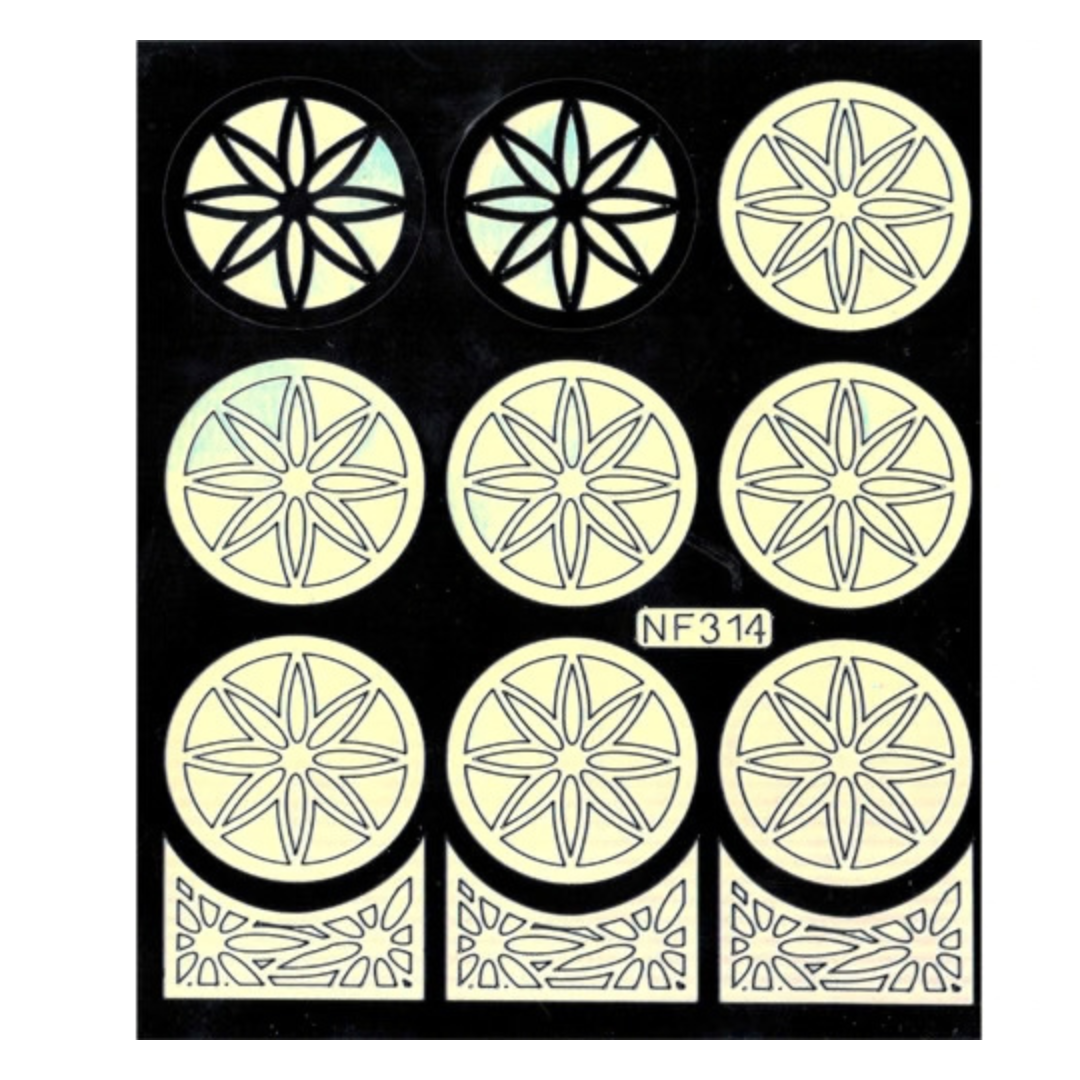 A sheet of decorative nail art template stickers featuring a repeating circular floral/starburst pattern in black outlines on a pale yellow background, with two additional floral arch motifs at the bottom. The sheet is photographed straight-on against a black background, and the code 'NF314' appears near the center.