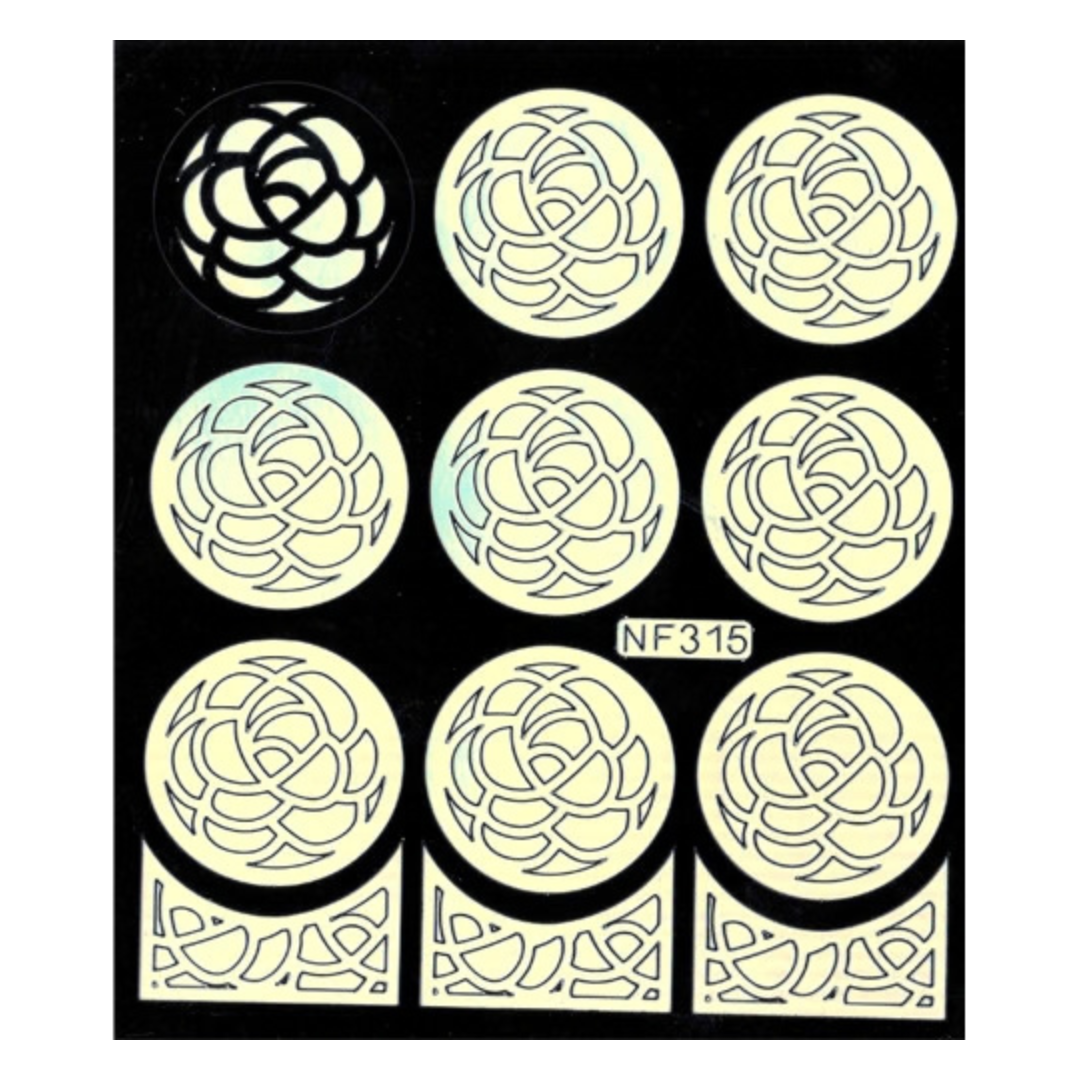 A sheet of circular and rectangular nail art template stickers featuring a black geometric floral rosette pattern on a black backing, with one iridescent circle and a small label reading NF315.