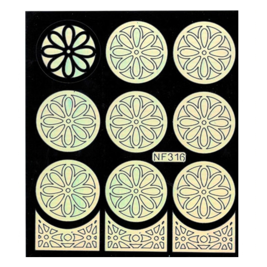 A sheet of nine circular and rectangular nail art template stickers featuring a floral mandala pattern in cream with black outlines, displayed on a black background. One circular piece at the top left is shown from the back, revealing a light green reverse side.