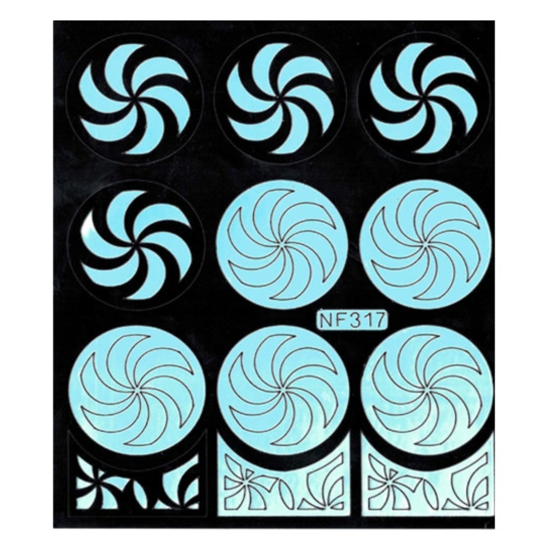 A sheet of decorative nail art template stickers featuring light blue spiral and swirl patterns on a black backing, with the code NF317 printed near the center.