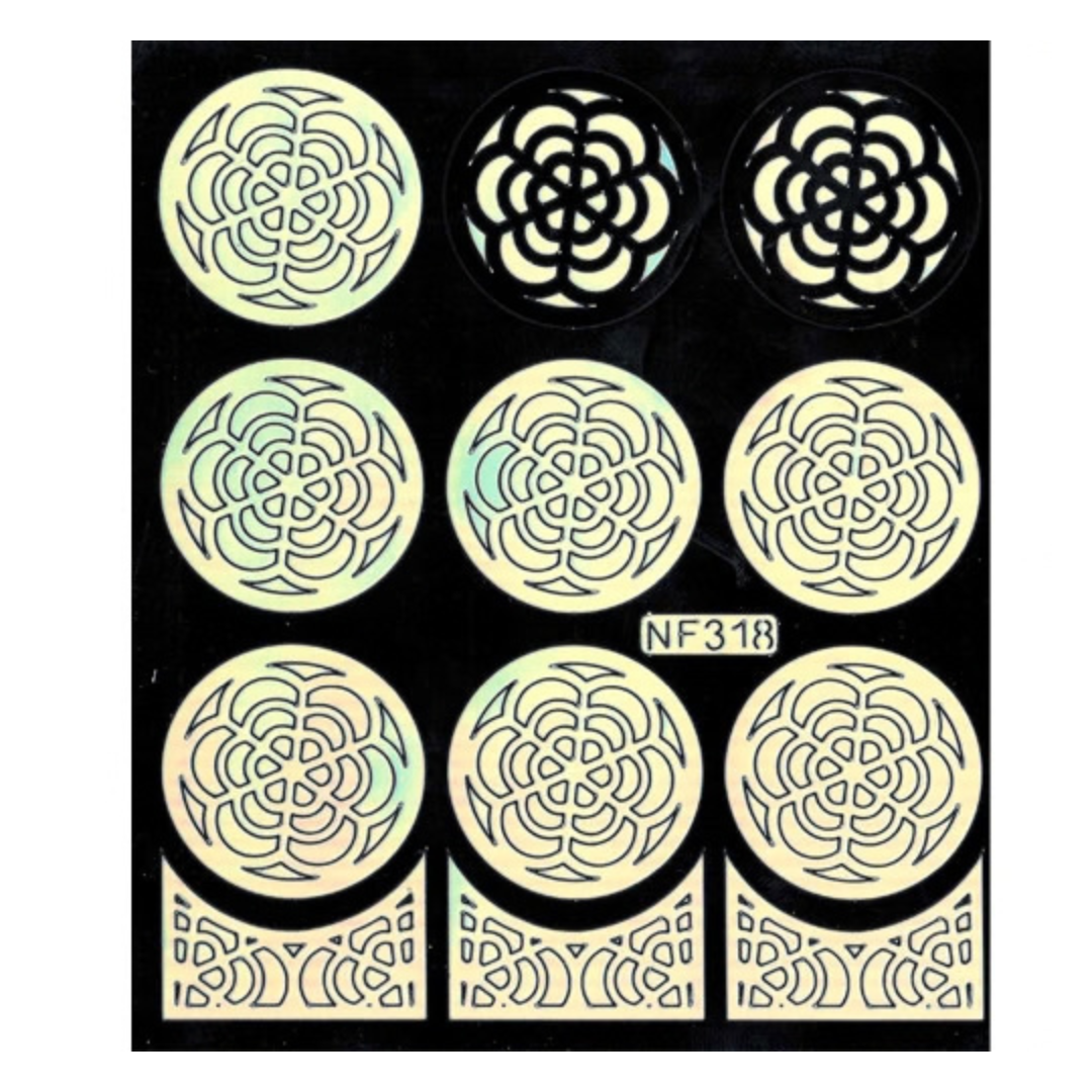 A sheet of decorative nail art template stickers on a black backing, featuring circular floral and geometric patterns in pale iridescent yellow with black outlines, plus a small label reading NF318.
