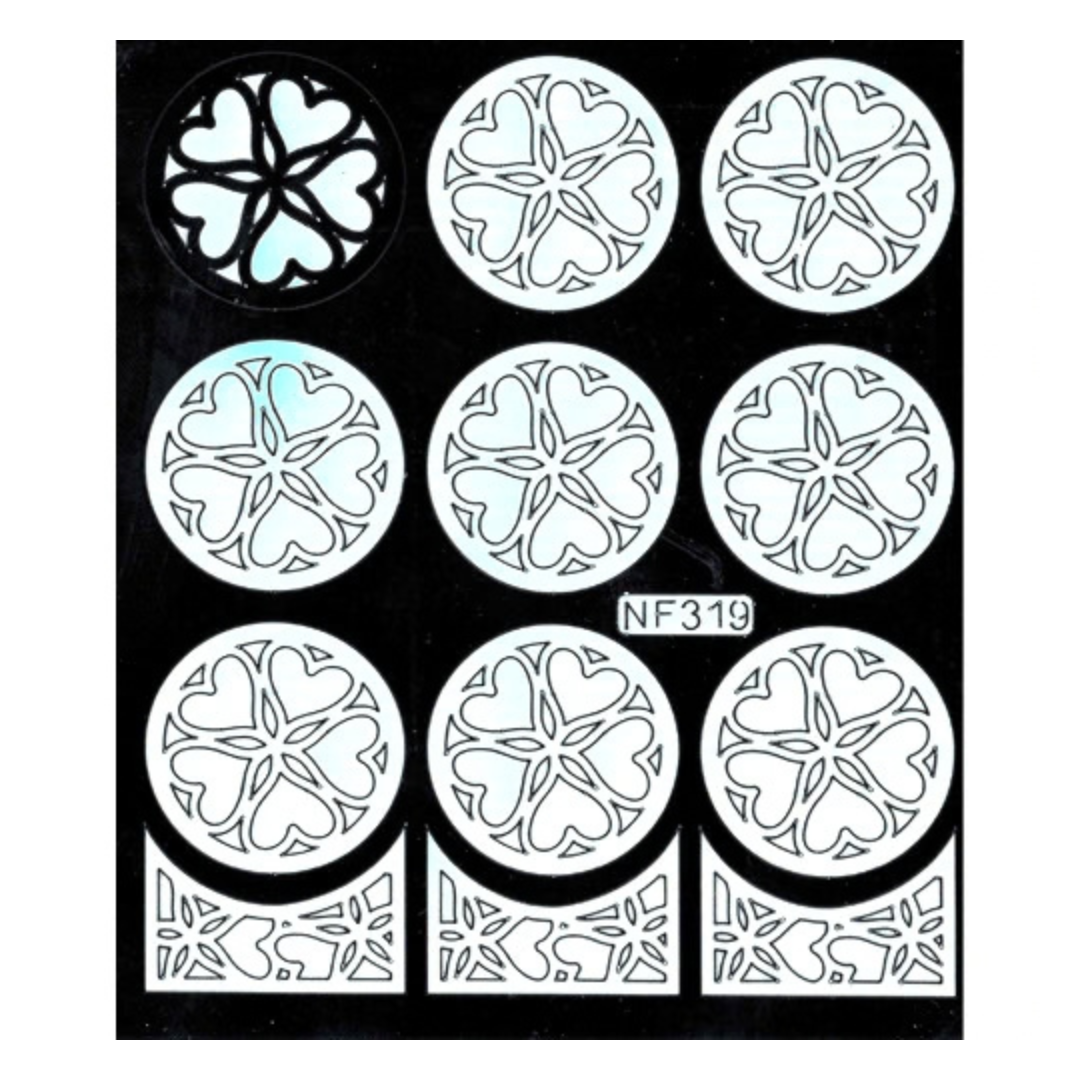 A black sheet featuring multiple white circular floral nail art template stickers with heart-like petal motifs, plus a few larger matching stencil shapes below. The sheet includes the text 'NF319' near the center.