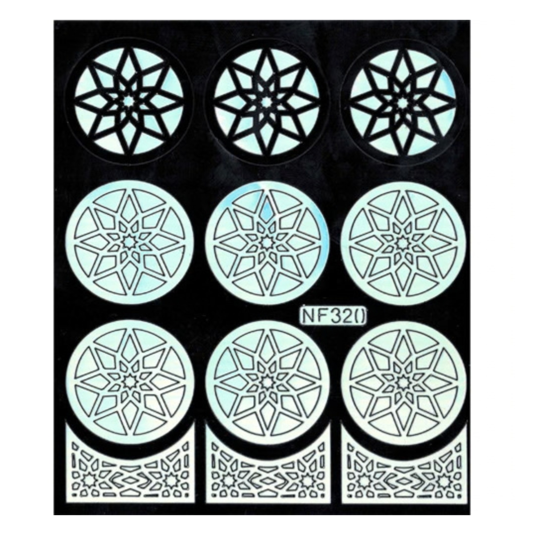 A sheet of circular and arched laser-nail art template stickers on a black backing, featuring geometric starburst and ornamental patterns in white and pale blue-green, with the text NF320 printed on one piece.