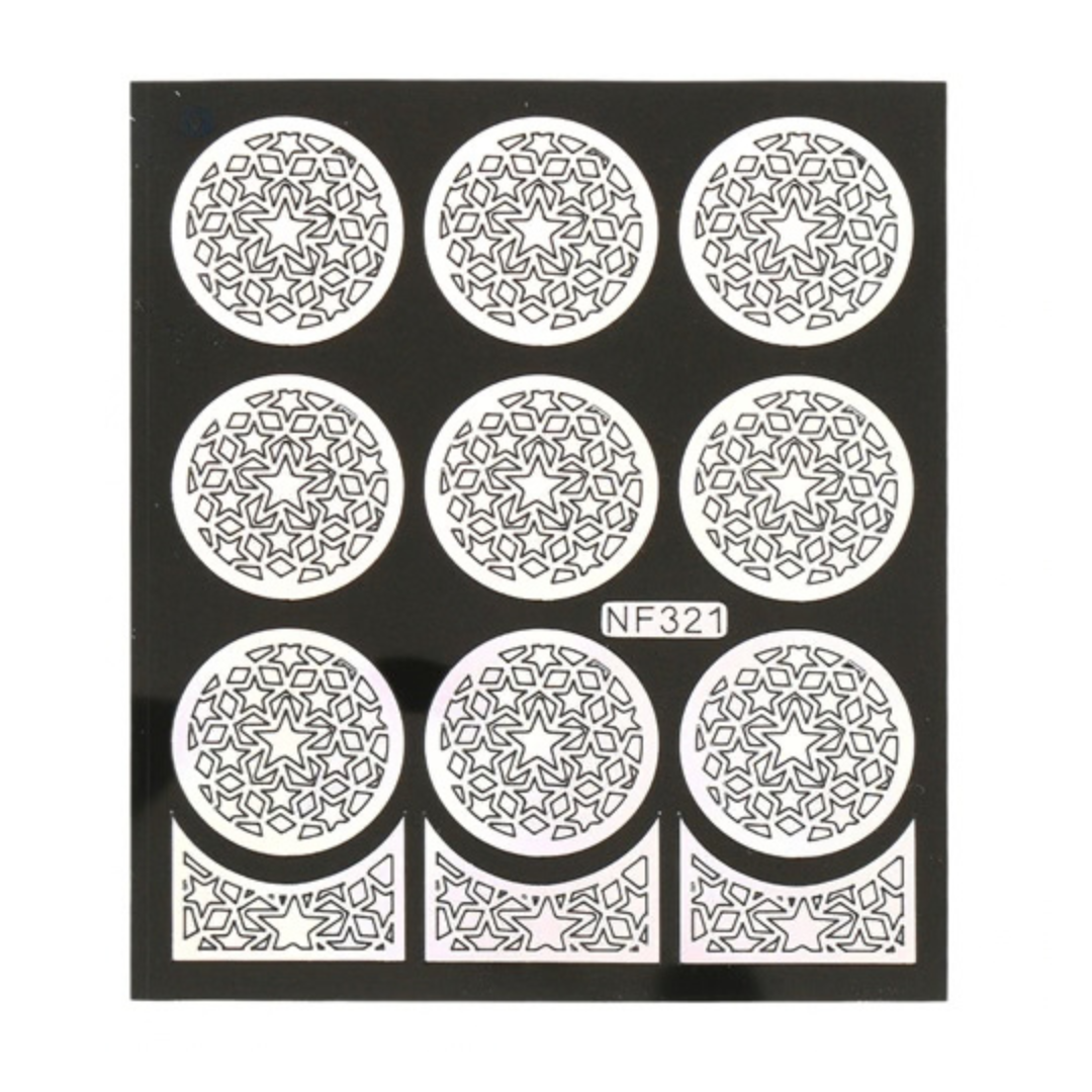 A sheet of black-and-white nail art template stickers featuring nine circular mandala designs with star centers and three arched decorative pieces below, labeled with the code NF321.