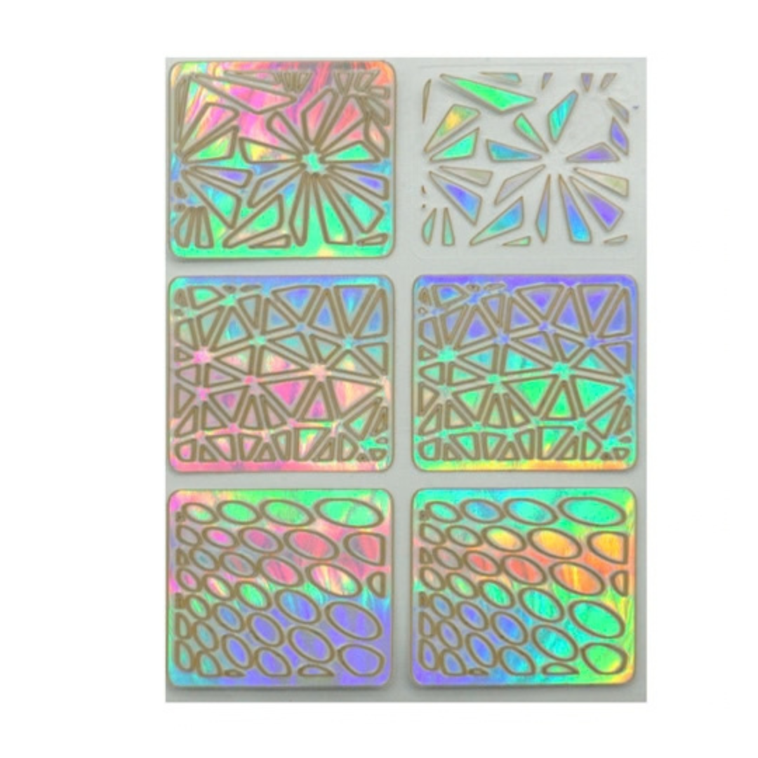 Six square holographic adhesive stickers with different geometric and textured patterns, arranged in a 2x3 grid on a white background.