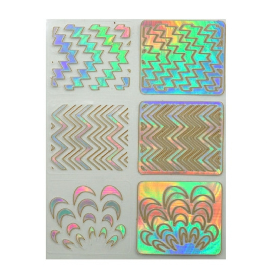 A sheet of six holographic nail art template adhesive stickers with various geometric and floral chevron patterns in iridescent colors, displayed on a clean white background.