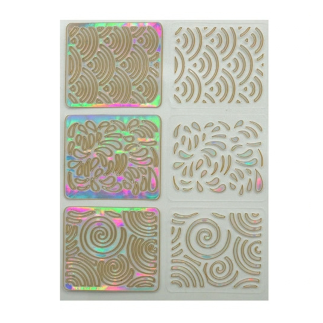 A sheet of six square decorative nail art template stickers with gold-toned wave and spiral cutout patterns, including two panels with iridescent holographic finish on a white background.