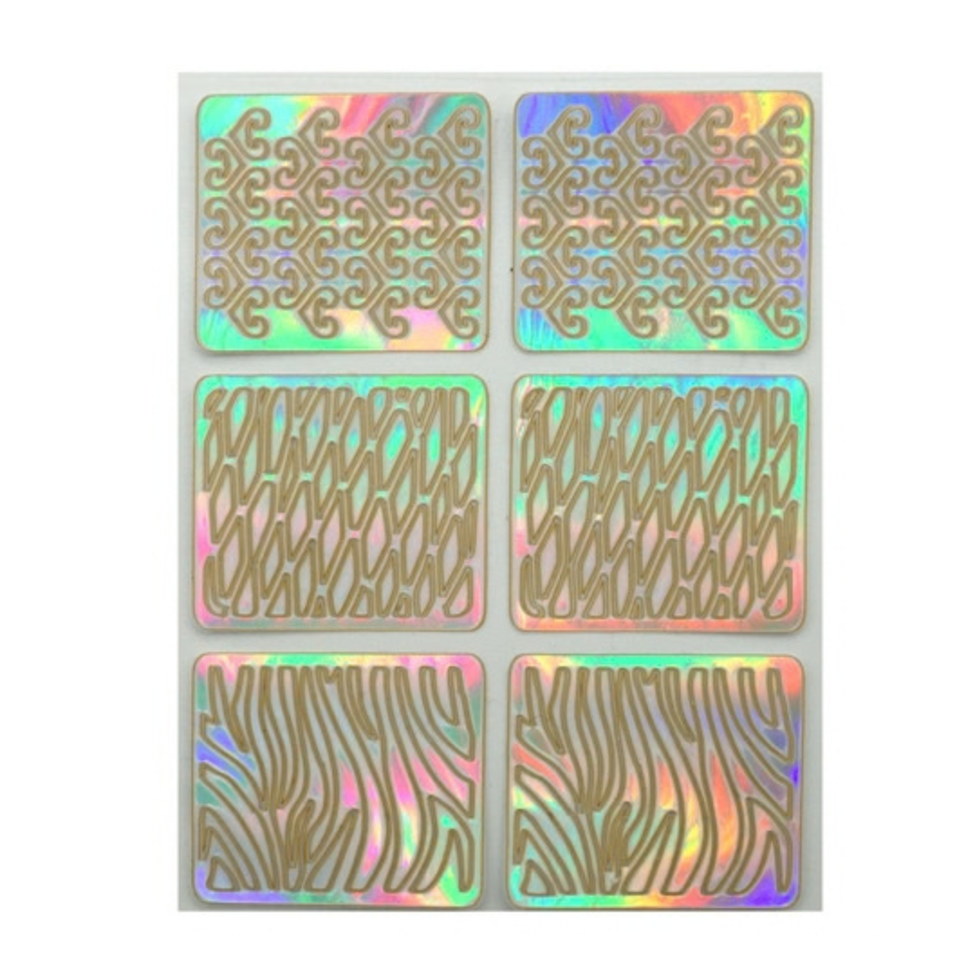 Six square holographic nail art template stickers with different metallic gold patterns, arranged in a 2x3 grid on a white backing sheet.