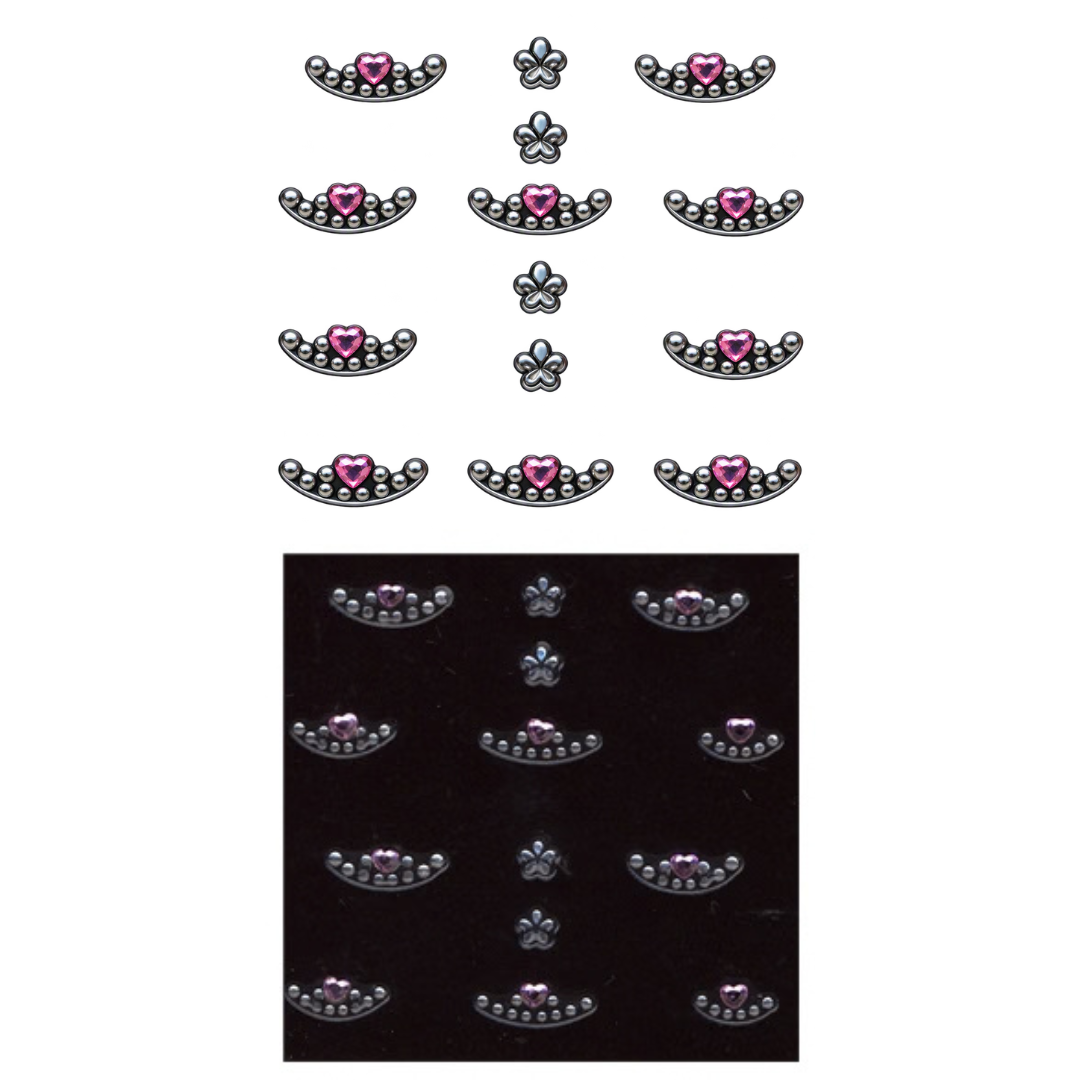 Ten silver-toned metal nail art with small pink hearts and a central iridescent purple gem are shown on a white background, with a smaller inset photo below showing the clips arranged on a black surface.