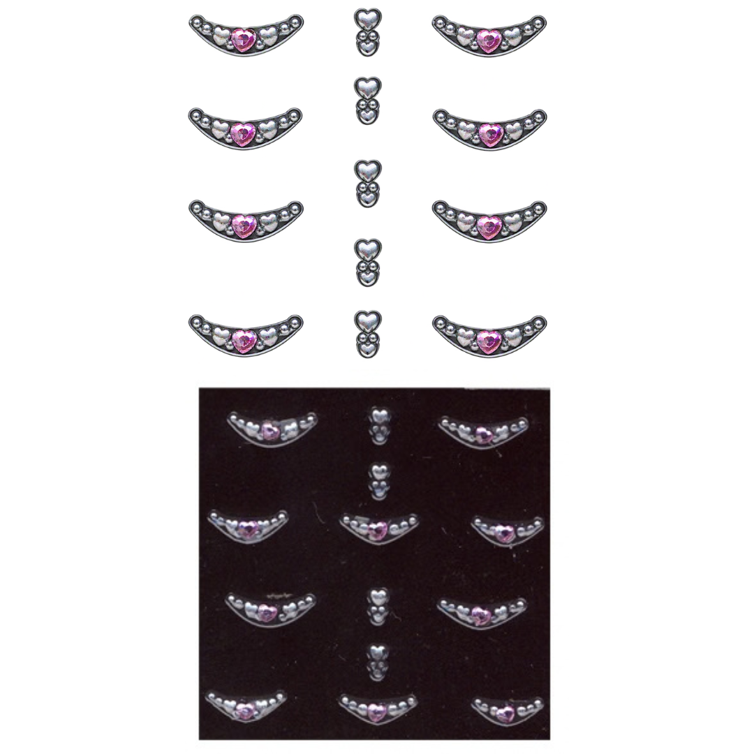 A set of silver crescent moon and heart-shaped rhinestone nail art accessories, shown both individually on a white background and arranged on a black backing card.
