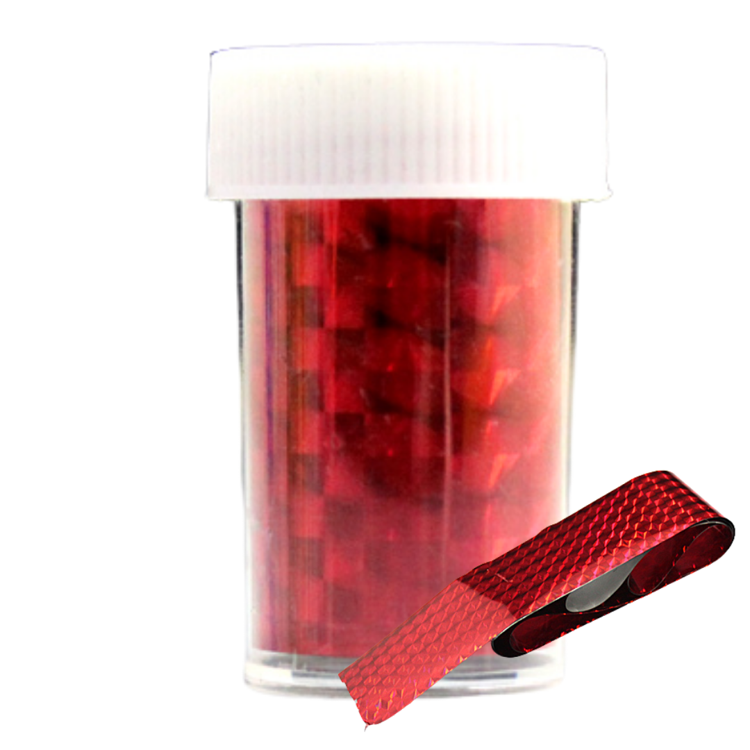 Red reflective nail art foil with a textured pattern, shown partially unrolled next to a clear plastic jar filled with more red tape and a white screw cap, on a white background.