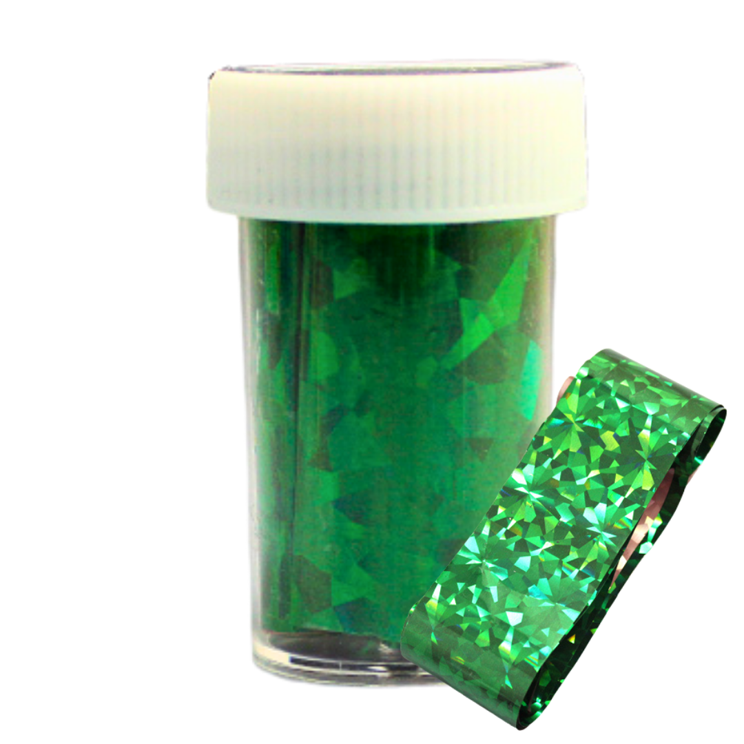 Green holographic nail art foil in a clear plastic jar with a white screw cap, with a strip of the reflective green flakes shown in front on a white background.