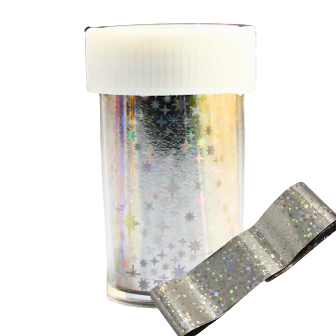 A small clear plastic jar filled with holographic silver glitter nail art foil featuring a star pattern, topped with a white cap, with a of the glitter tape shown in the foreground on a white background.