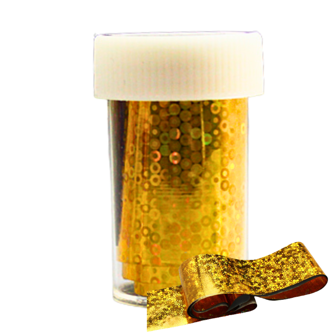 A clear plastic jar filled with shiny gold sequine nail art foil, shown on a white background with a folded strip of the gold sequin material in front.