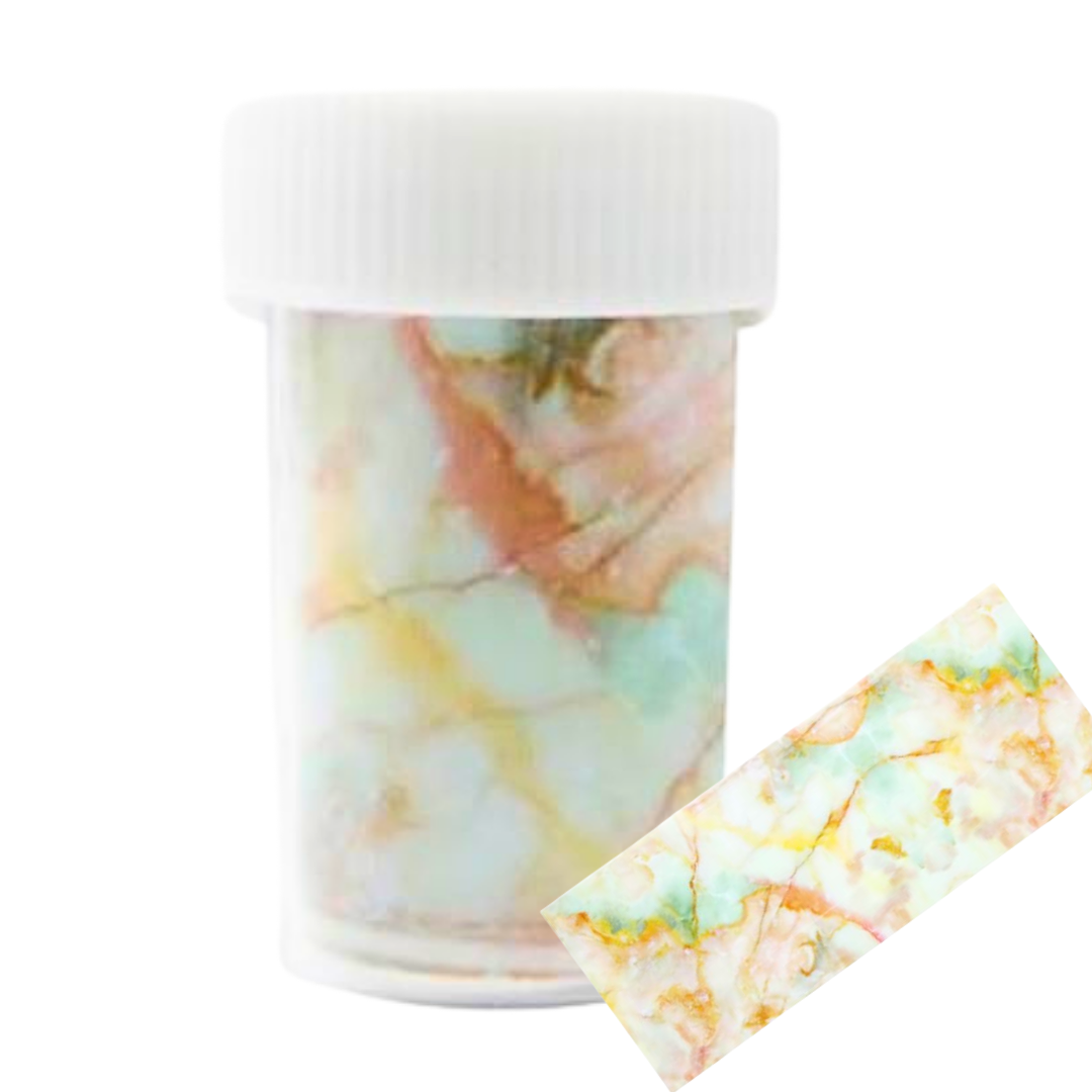 A small clear plastic jar with a white ribbed lid containing a marbled nail art foil, shown on a white background with a rectangular swatch of the same marble pattern overlapping the jar.