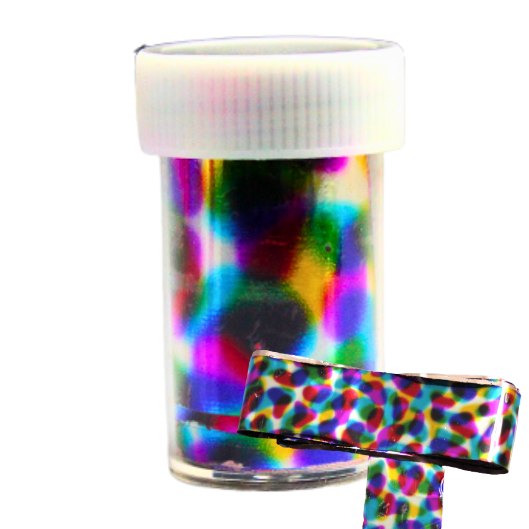 A small clear plastic vial with a white screw cap containing iridescent holographic nail art foil, shown on a white background with a strip of the same material in front.