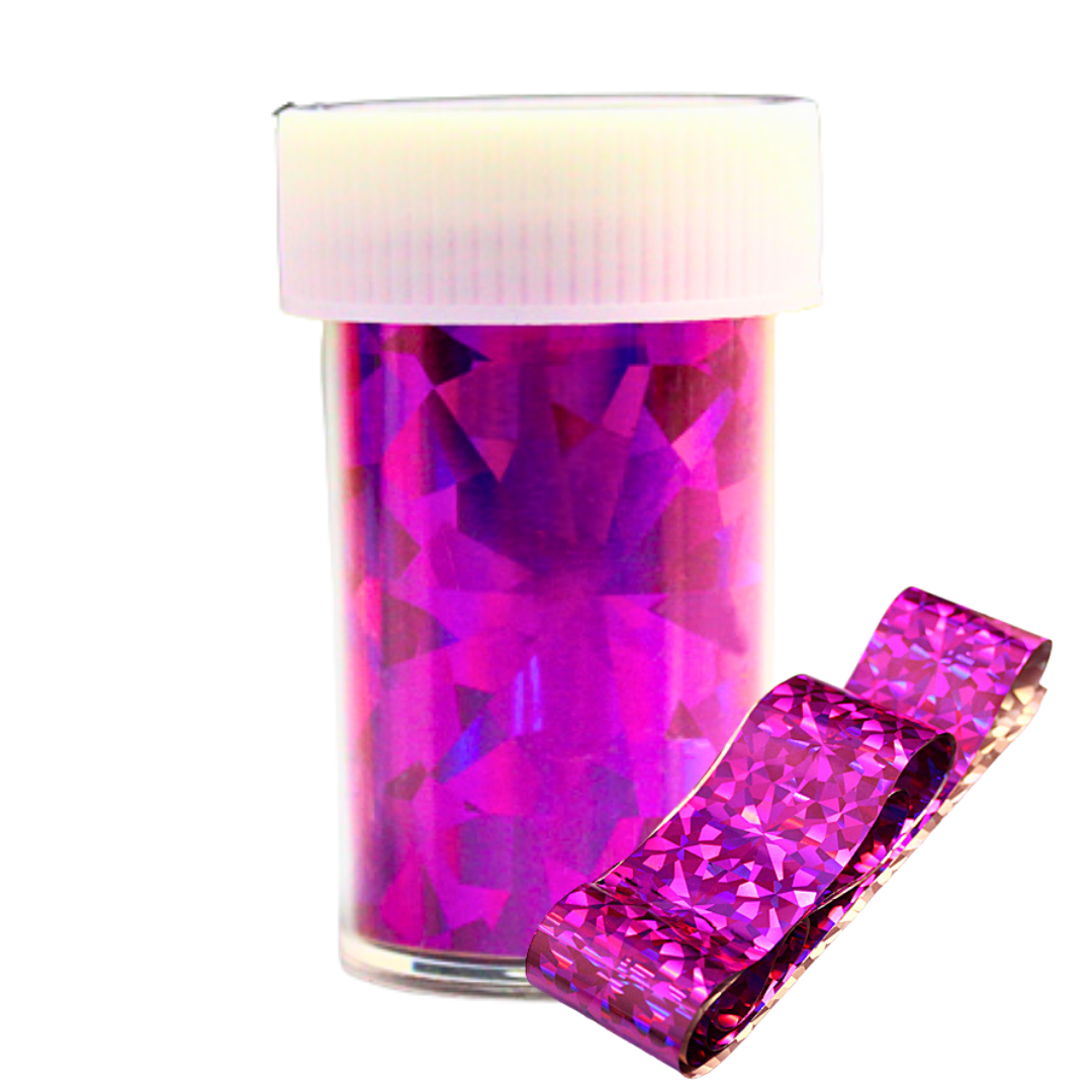 A small clear plastic jar filled with iridescent magenta-purple faceted nail art foil, shown with a white ribbed lid and a curled strip of the same glitter material on a plain white background.