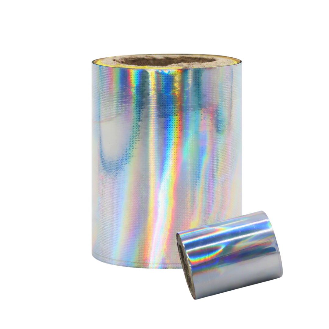 A roll of holographic silver nail art foil with an iridescent rainbow sheen, shown with a smaller cut section in front on a plain white background.