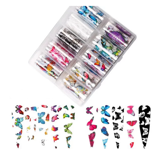 A clear plastic organizer box filled nail art foil rolls, shown on a white background with several sample butterfly-patterned strips displayed below.