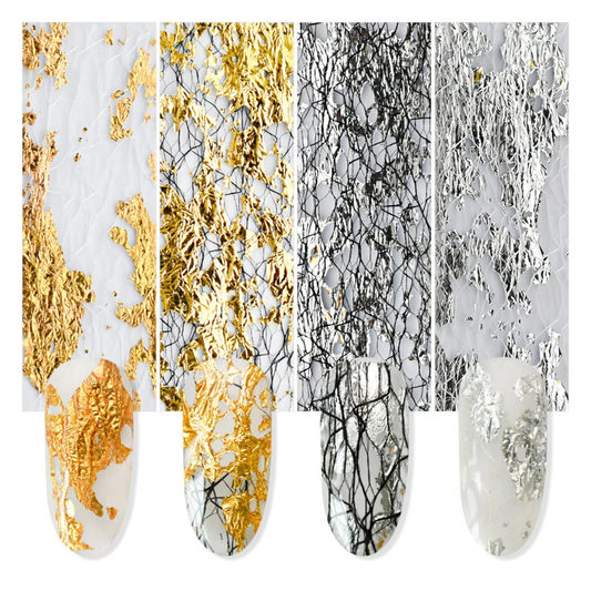 Four nail art foil sheets with abstract metallic patterns, shown alongside matching nail swatches. The designs include textured gold leaf, black branch-like lines on white, and silver leaf patterns.
