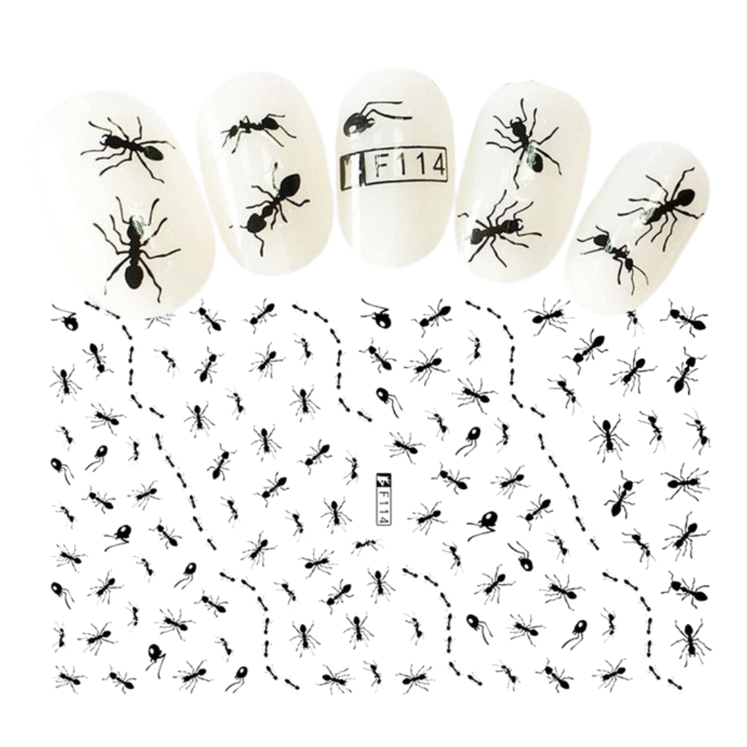 Nail art decals featuring black ant silhouettes and dashed lines, shown applied to white nail tips at the top and as a sheet of many decals below on a white background.