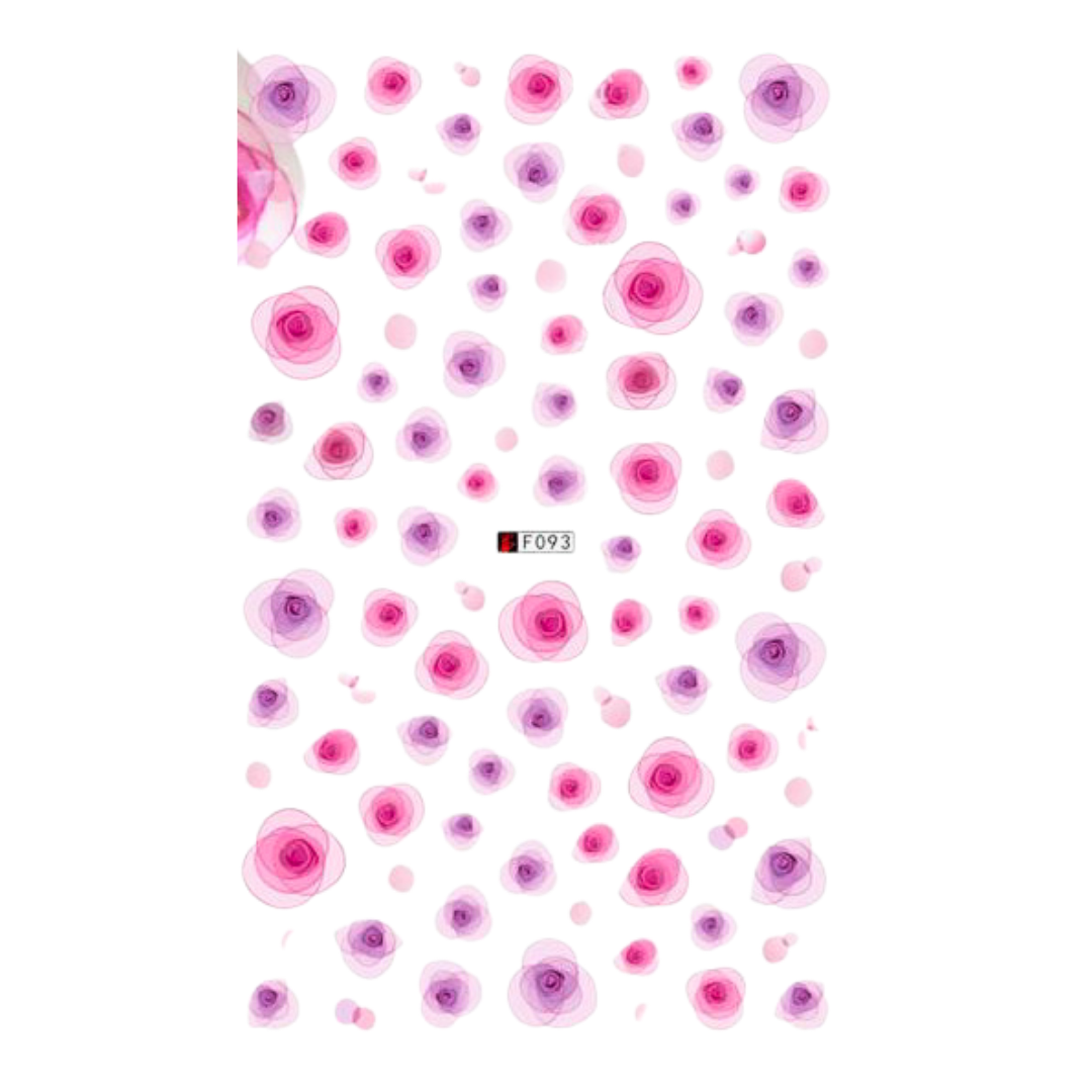 A sheet of decorative nail decals featuring watercolor-style pink and purple roses with scattered pink petals on a white background. A small label in the center reads 'F693'.