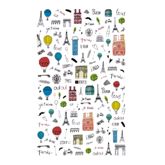 A rectangular Paris-themed nail art sticker sheet featuring hand-drawn illustrations of the Eiffel Tower, Parisian buildings, hot air balloons, bicycles, and handwritten words like 'Paris', 'bonjour', and 'merci' on a white background.
