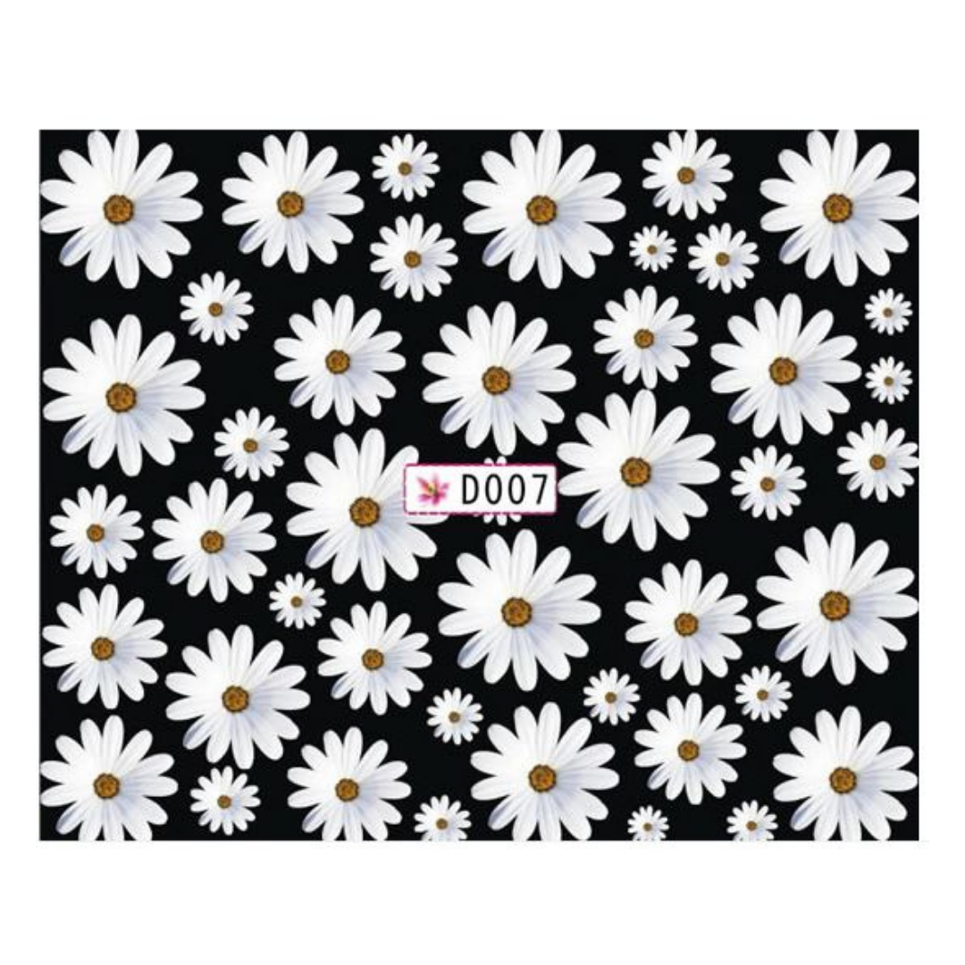 A rectangular nail art sheet featuring a repeating pattern of white daisies with yellow centers on a black background, with the plate number D007 printed in the middle.