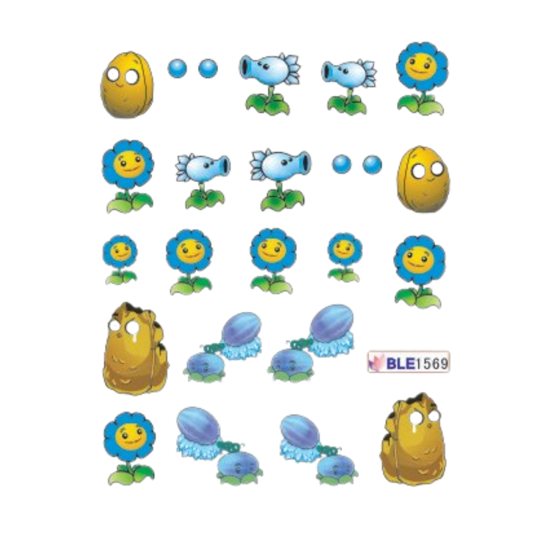 A sheet of cartoon nail art decals featuring Plants vs. Zombies characters, including blue flowers, pea shooters, and yellow acorn-like plants, arranged on a white background with a small 'BLE1569' sticker label.