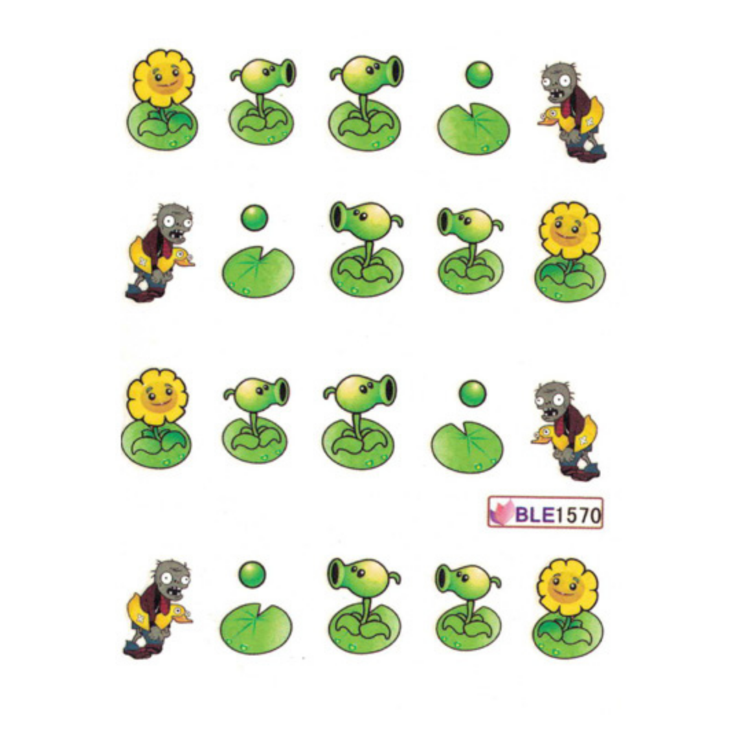 A sheet of cartoon watermelon-themed nail art stickers featuring purple zombies, yellow flowers, green pea shooters, and green lily pads on a white background, with the text 'BLE1570' printed near the bottom right.