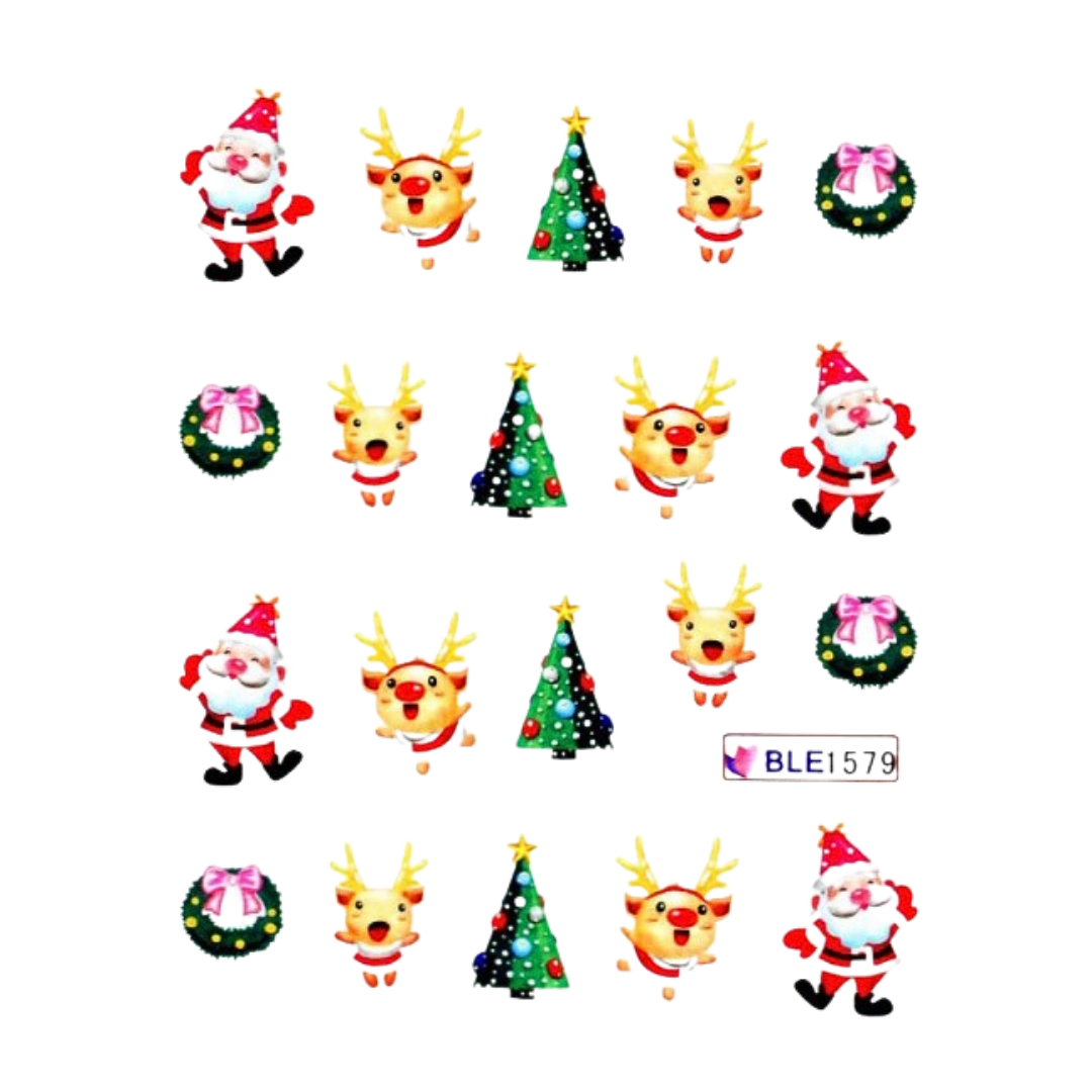 A sheet of Christmas-themed decorative nail art stickers or decals on a white background, featuring cartoon Santa Claus figures, reindeer, Christmas trees, and green wreaths with pink bows. A small label reading BLE1579 is visible near the lower right.