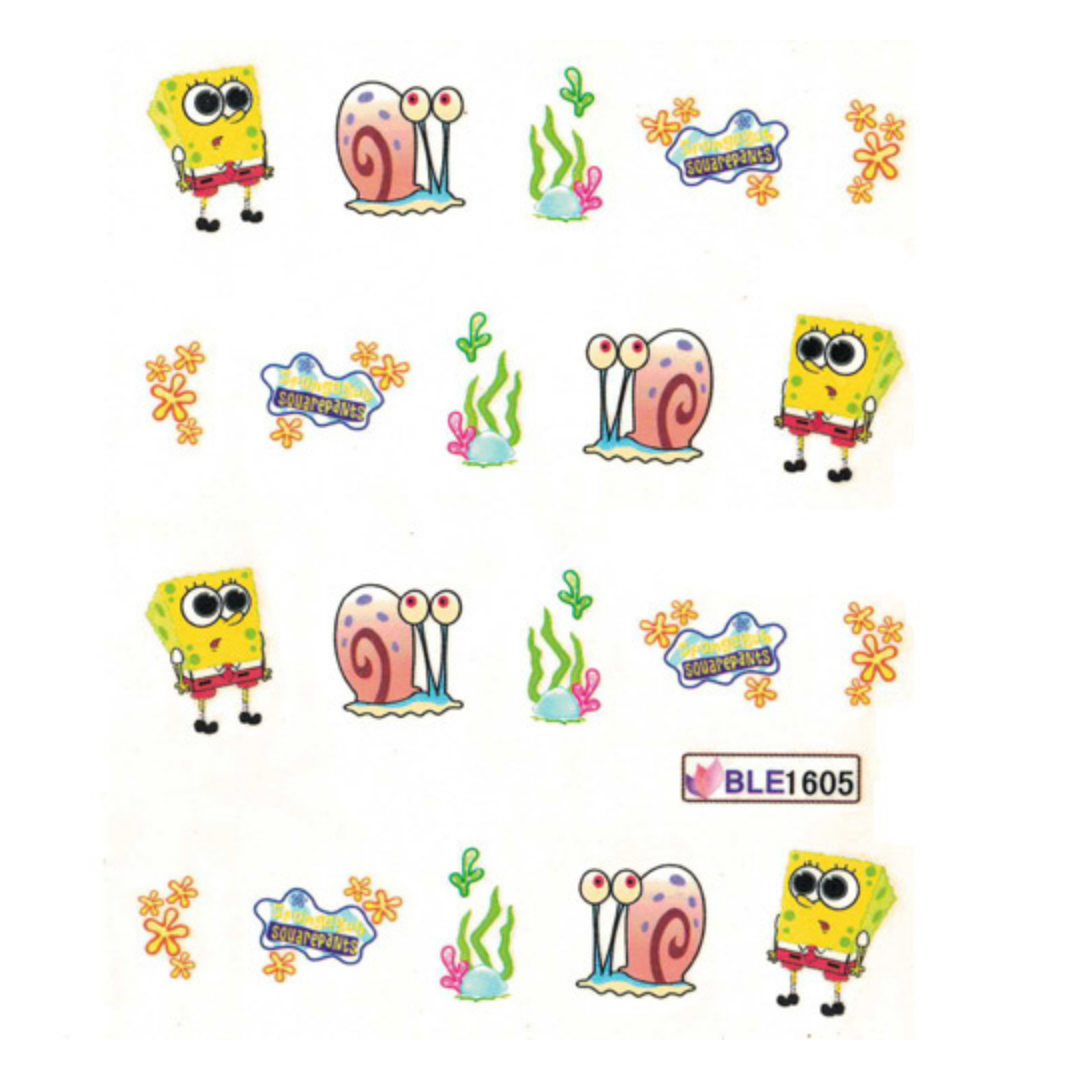A sheet of cartoon nail art stickers featuring SpongeBob SquarePants, including Bob, Gary the snail, the blue brand logo, and small orange flower motifs, arranged in three horizontal rows on a white background.