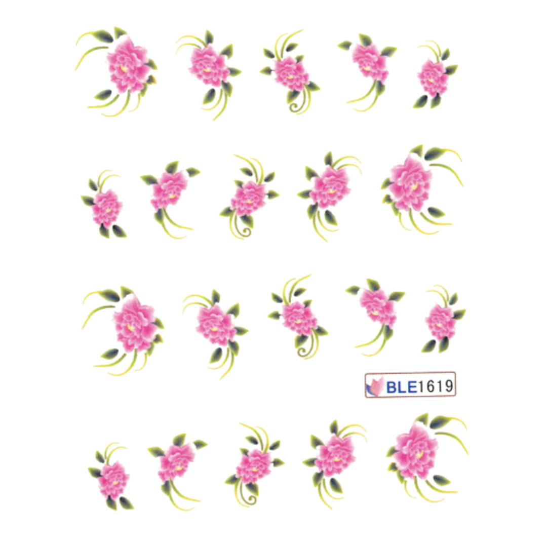 A sheet of decorative floral nail art decals featuring pink peony-like flowers with green leaves and yellow-green curling stems, arranged in rows on a white background. A small label reading BLE1619 appears near the lower right.