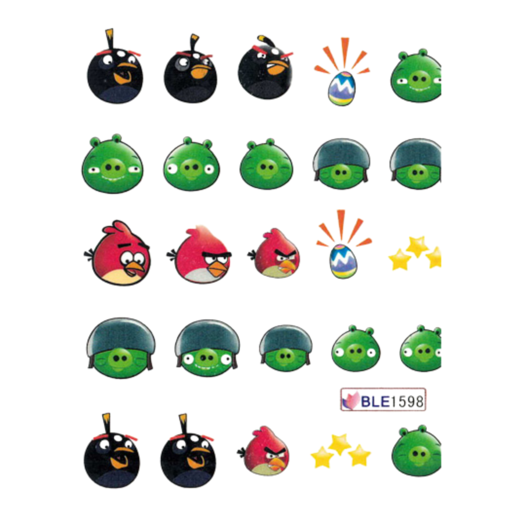 A sheet of nail art decals featuring characters and symbols from the Angry Birds game, including black, red, and green pig faces, along with star and bomb motifs, on a white background.