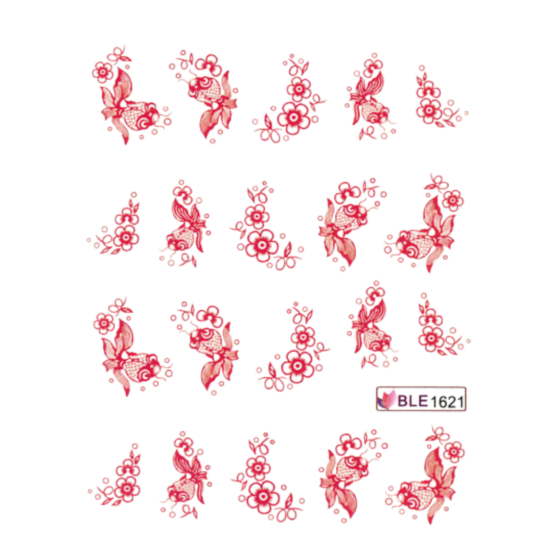 A sheet of red floral and butterfly nail art decals on a white background, with the code BLE 1621 printed in a small label at the bottom right.