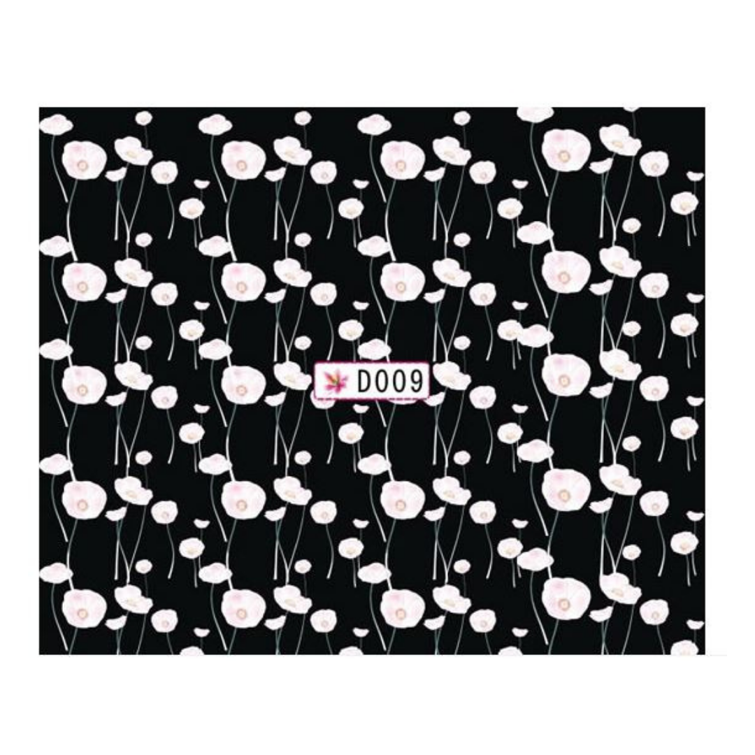 A square sheet of nail art water sliders featuring a black background covered in a repeating pattern of white and pale pink flowers with thin stems. A small white label in the center reads 'DOO9' with a pink flower icon.