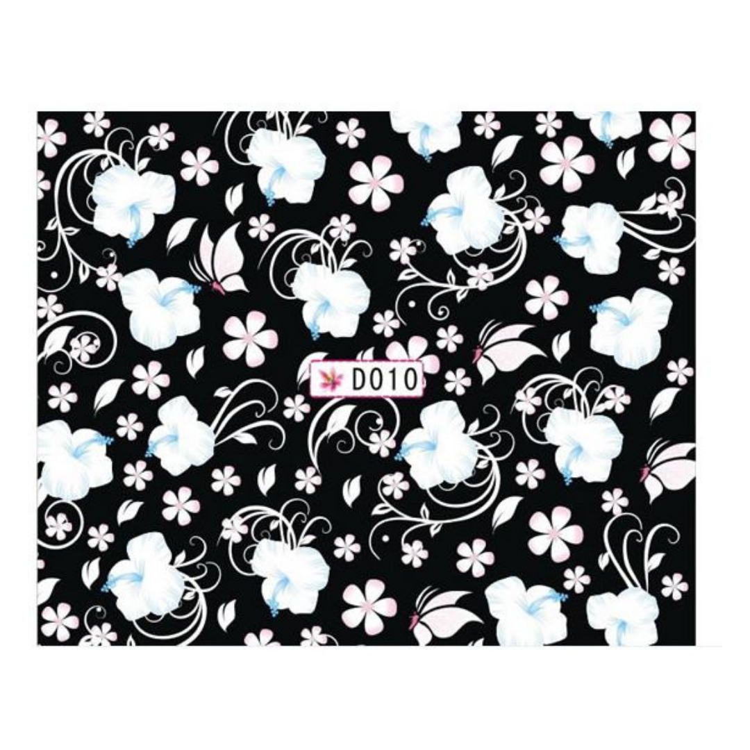 A rectangular sheet of nail art water sliders featuring a black background with a repeating floral pattern of white, light pink, and light blue flowers, leaves, and butterflies. A small label in the center reads 'D010'.