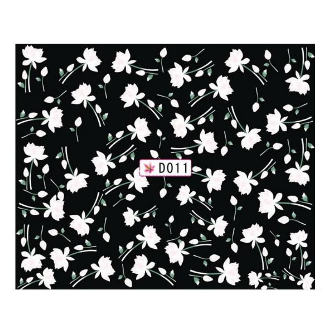 A square sheet of nail art water sliders showing a black background covered with a repeating white floral pattern, with a small label reading D011 near the center.