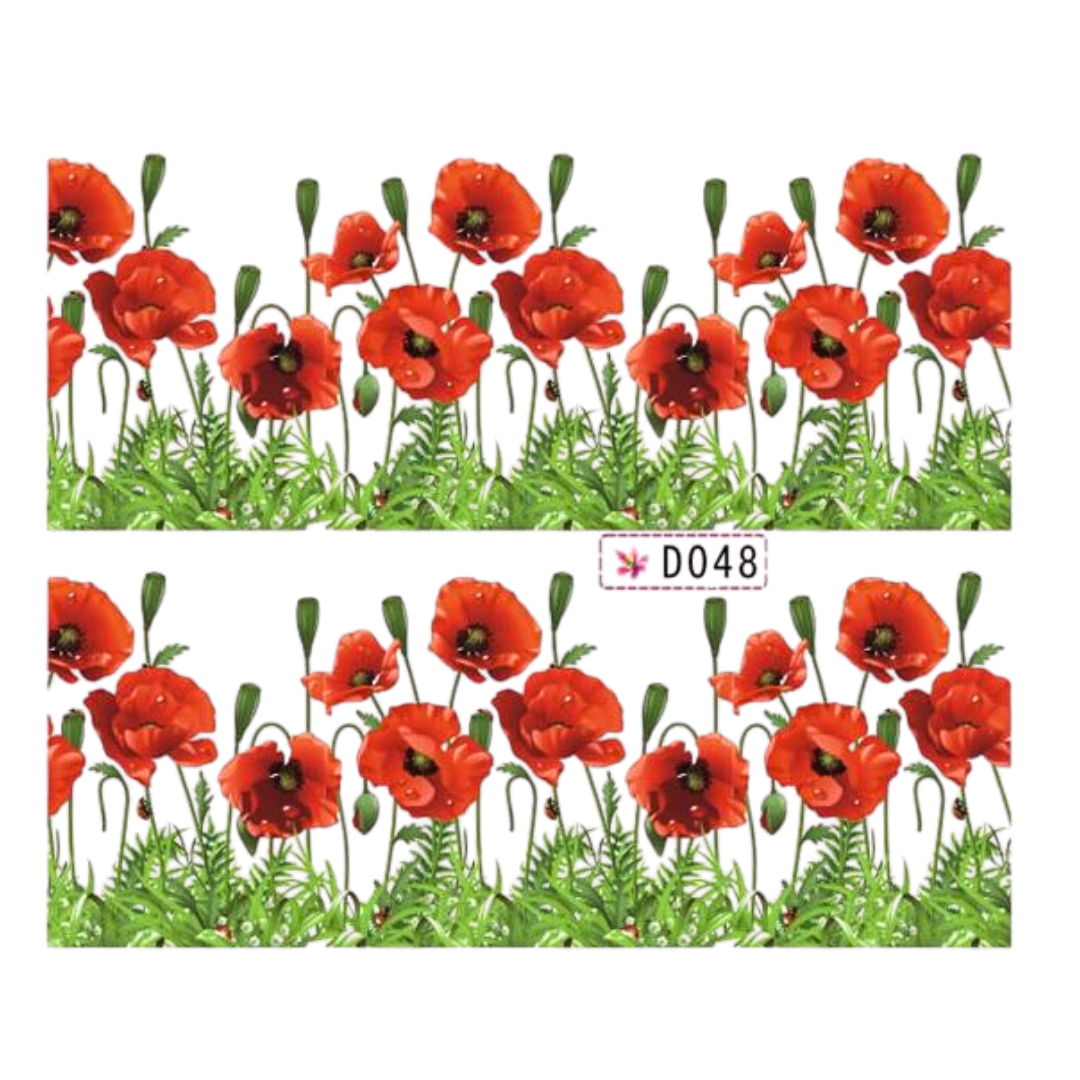 A repeating floral pattern sheet of nail art water sliders featuring bright red poppy flowers with green stems and leaves on a white background, shown as a long strip with the code D048 centered.